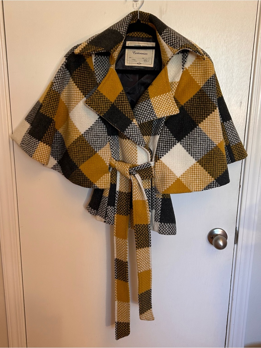 Cartonnier Anthropologie Mustard, Black & Cream Plaid Wool Cape with Belt